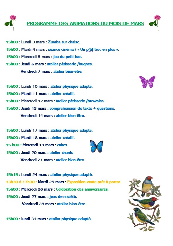 Programme des animations du mois de Mars 2025